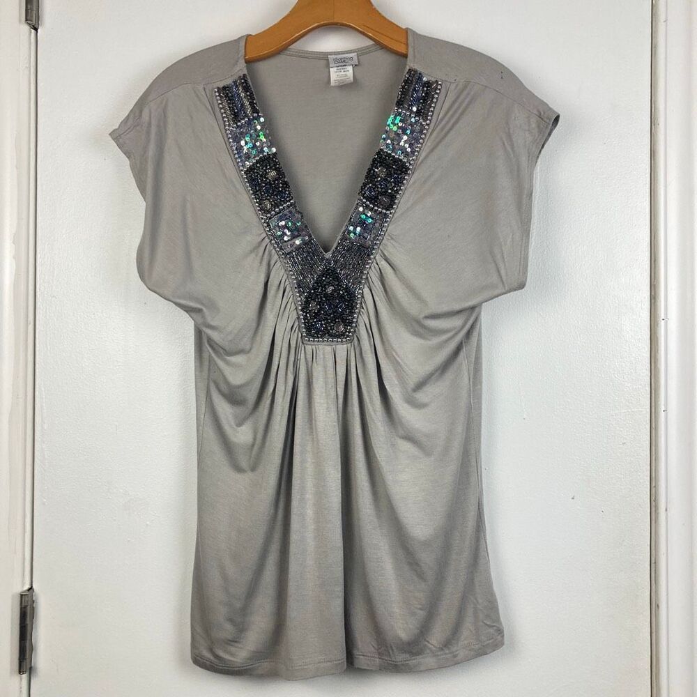 Y2K Sequined Beaded Embellishment Short Sleeve V-neck Going Out Top Draped‎ sz M